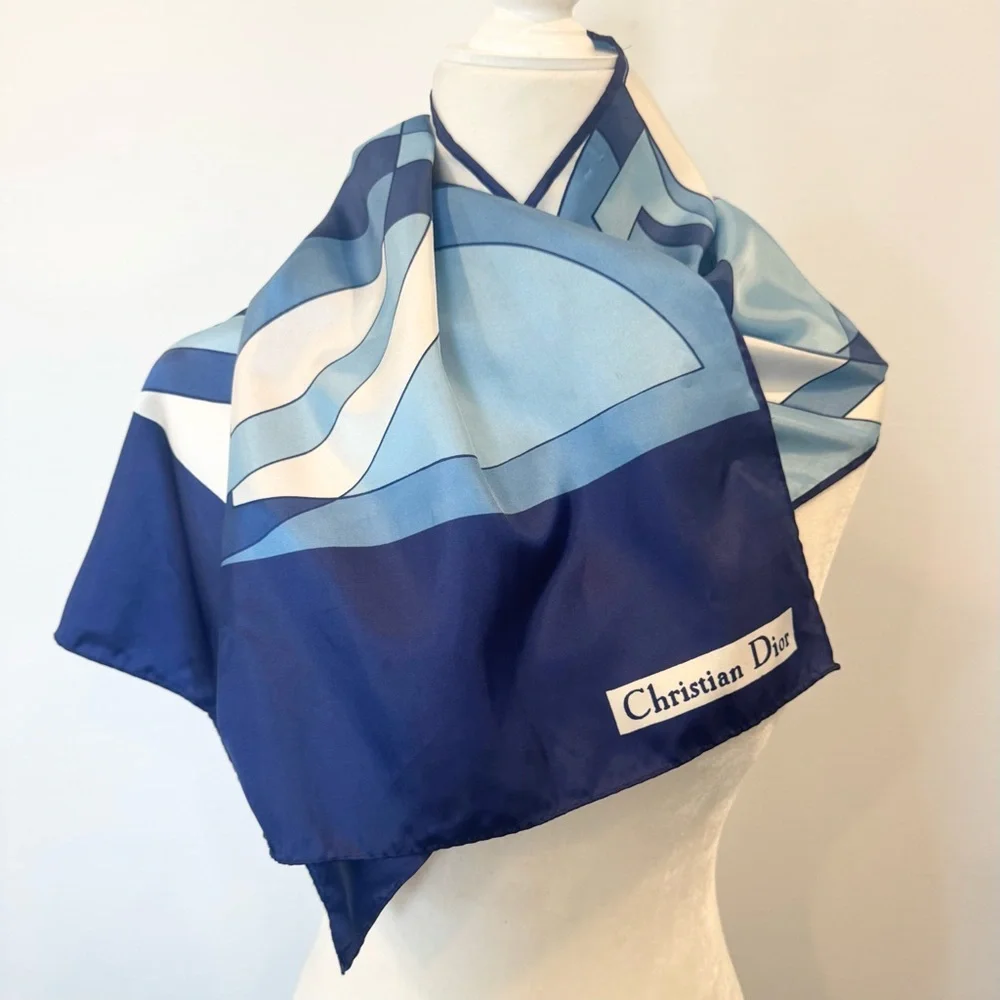 Christian Dior Vintage Silky Satin Blue Geometric Print Oblong Rectangle 44 x 14